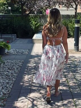 Women's White Midi Skirt with Pink Floral Print - Summer dress